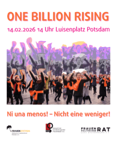 Flyerkachel in Orange-pinken Farben. Mittig ist eine dreifach gespiegelte Menschenmenge, die orangefarbene schals tragen und tanzend die Arme in die Luft strecken. Text: One Billion Rising. 14.02.2026 14 Uhr Luisenplatz Potsdam. Ni una menos! - Nicht eine weniger. Logos AFZ, NbF, Frauenpolitischer Rat